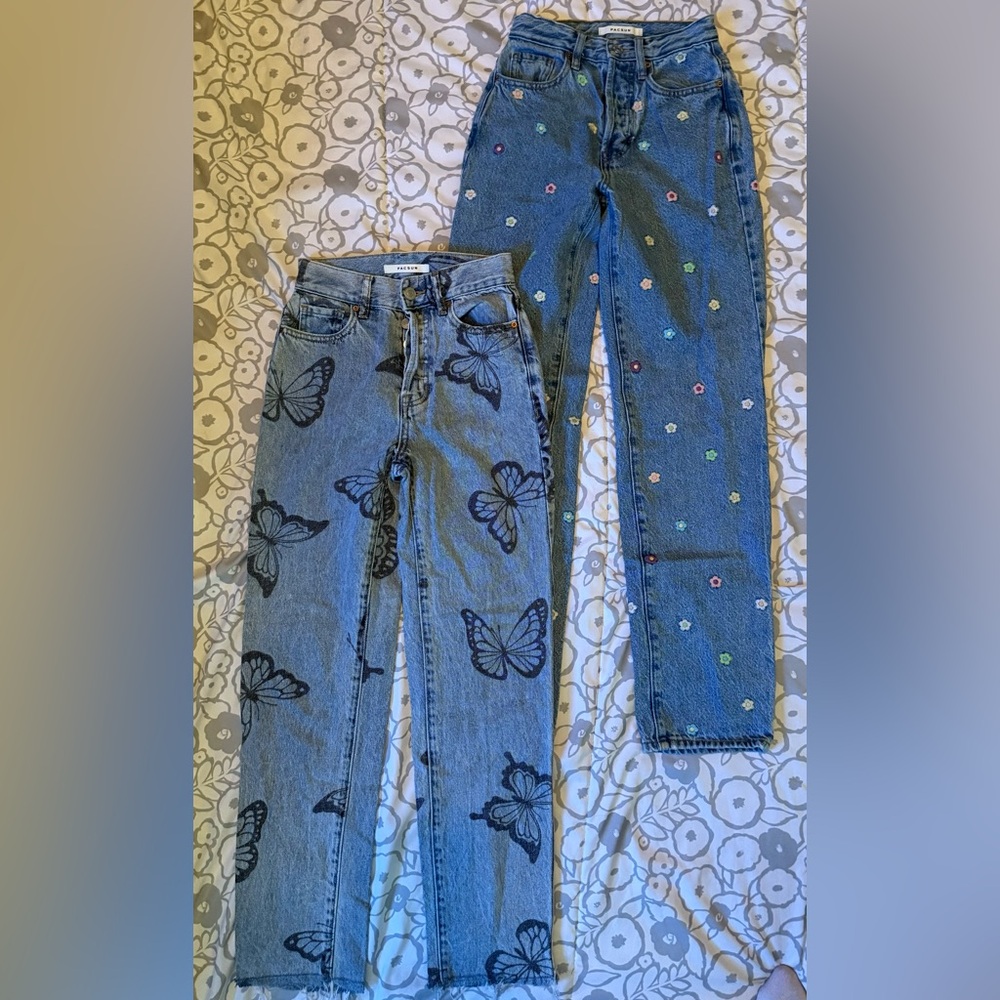 Set of 2 PacSun Blue Jeans with Butterfly and Floral Patterns Size 22 EUC